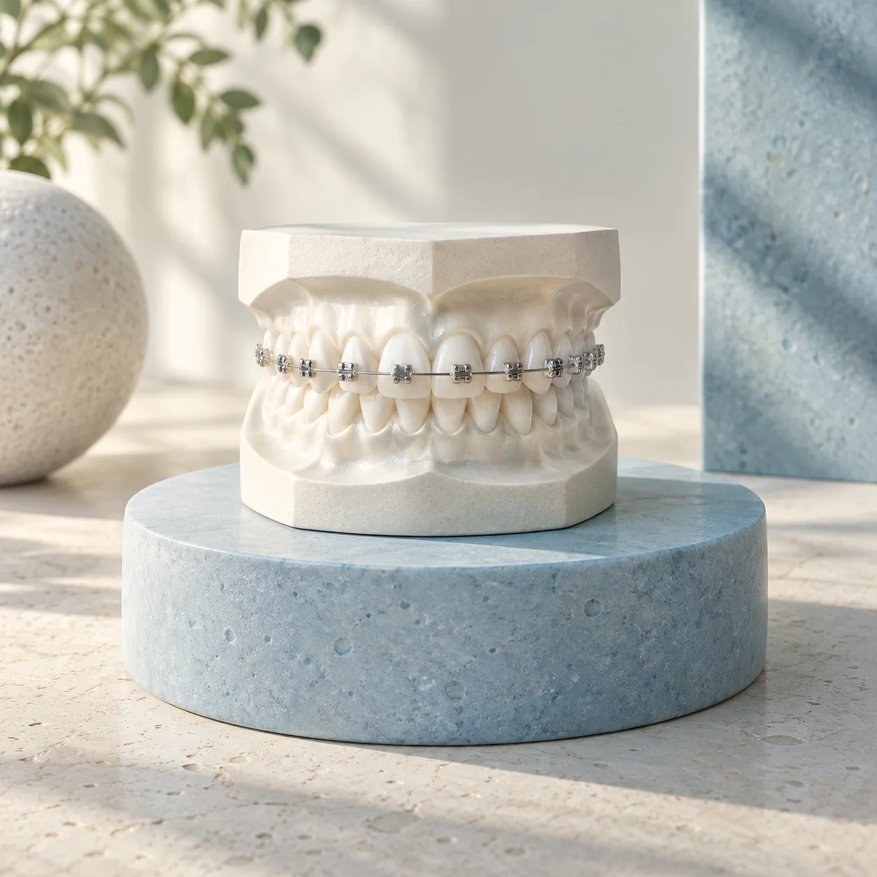 Illustration: Orthodontic study model with braces and an archwire
