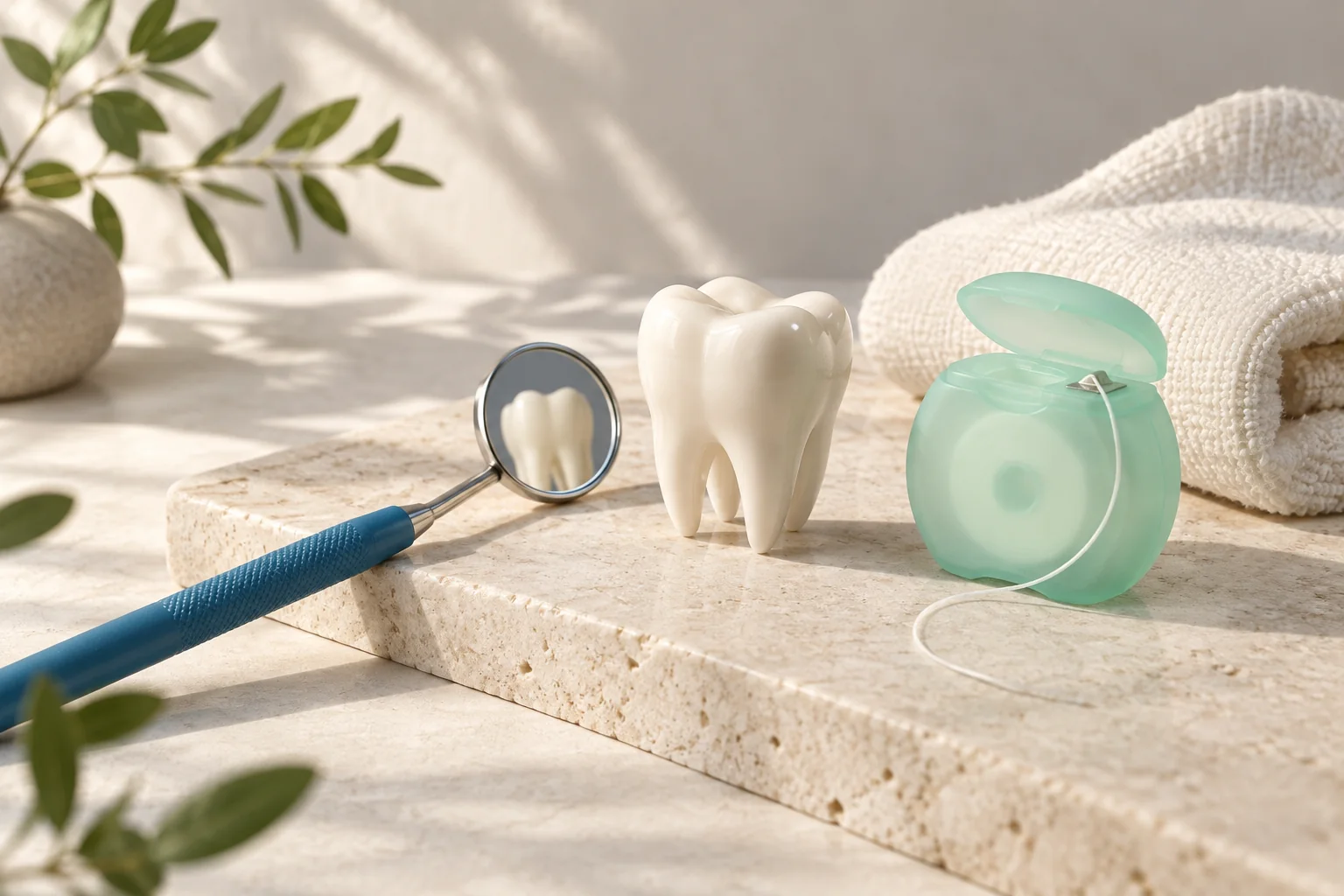 Illustration: Dental mirror, ceramic tooth model and floss in a blue and mint still life