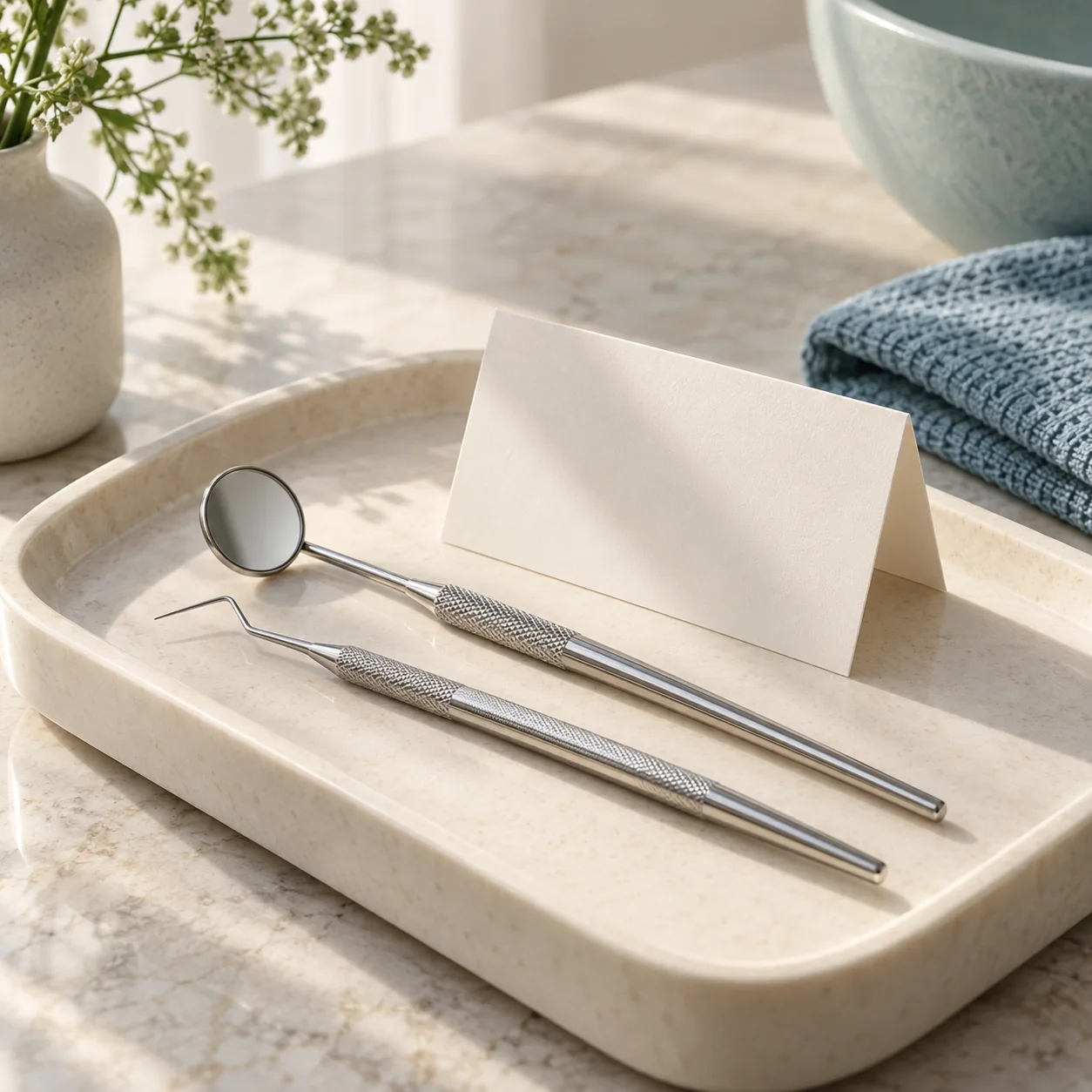 Illustration: Dental examination mirror and probe on an ivory tray