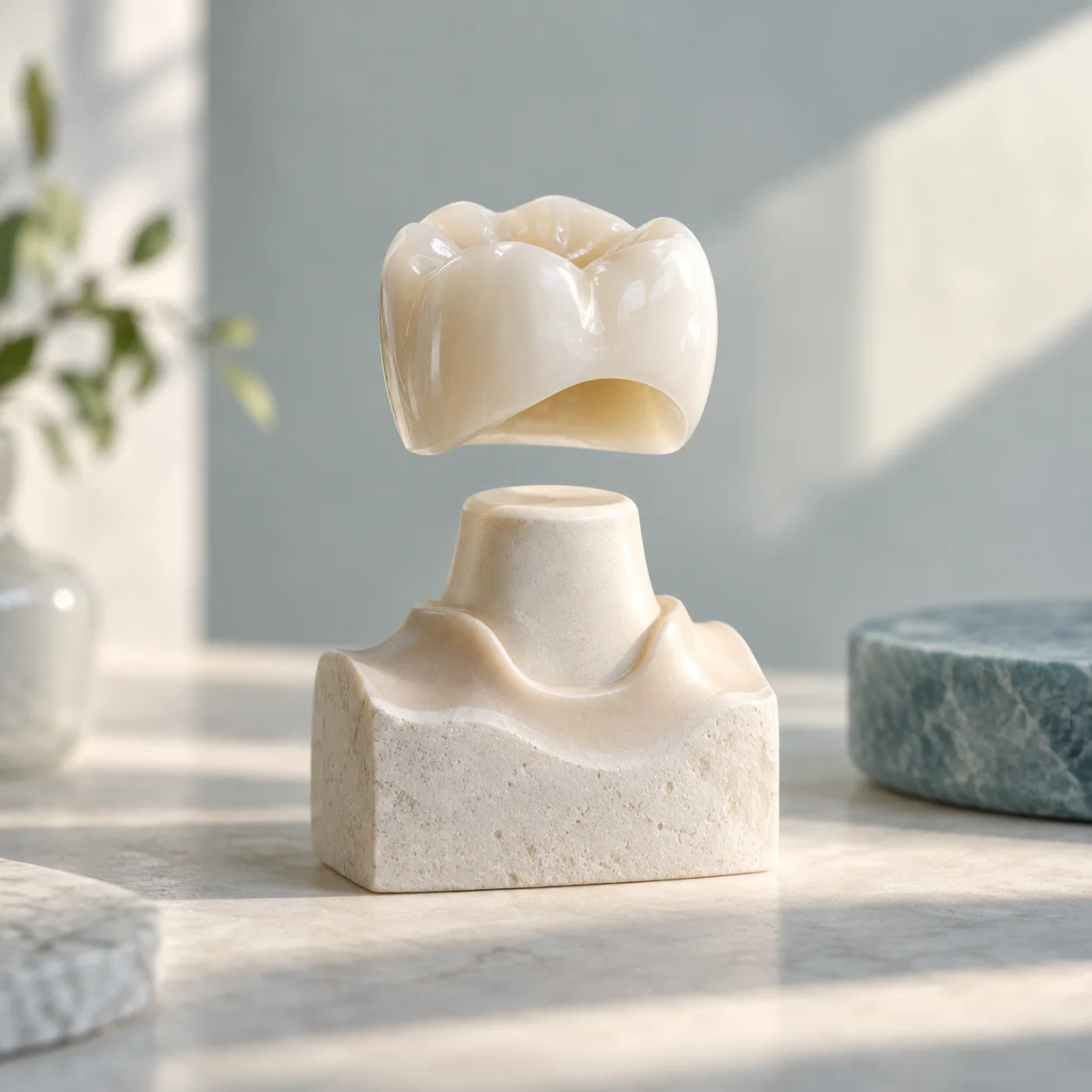 Illustration: Porcelain crown above a prepared tooth model