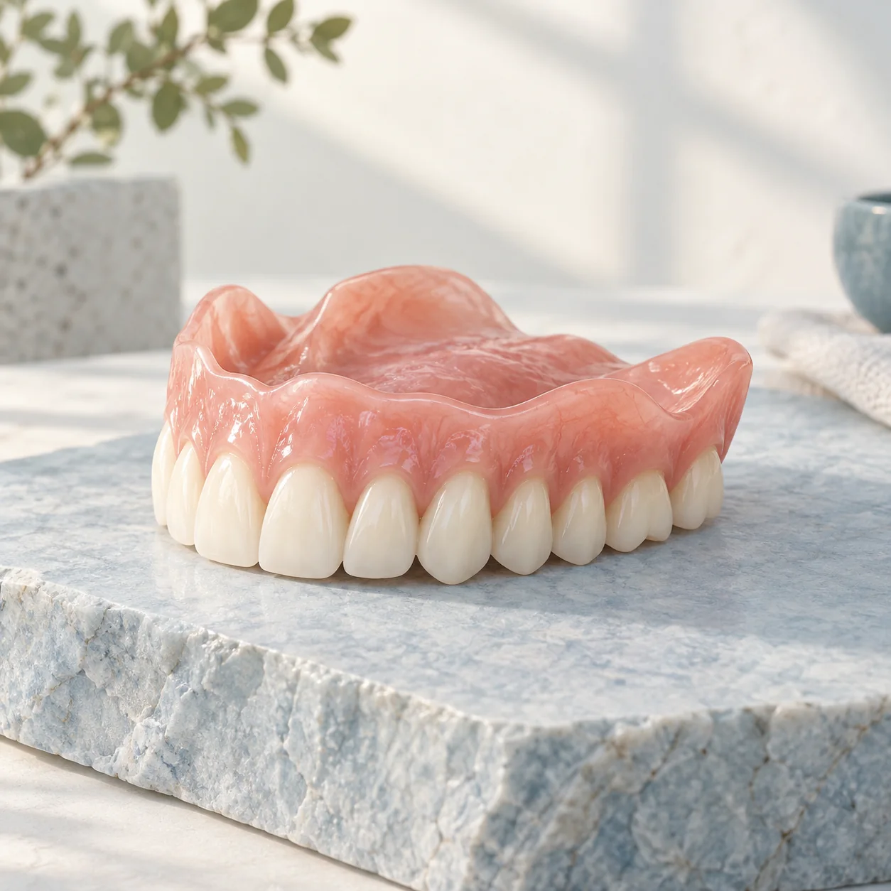 Illustration: Removable upper denture with ivory teeth and an acrylic base