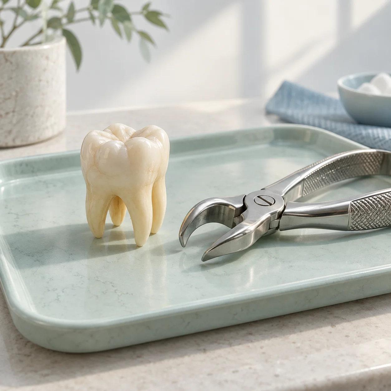 Illustration: Molar teaching model beside dental extraction forceps