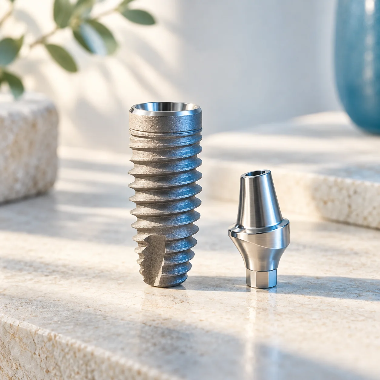 Illustration: Titanium dental implant fixture and abutment