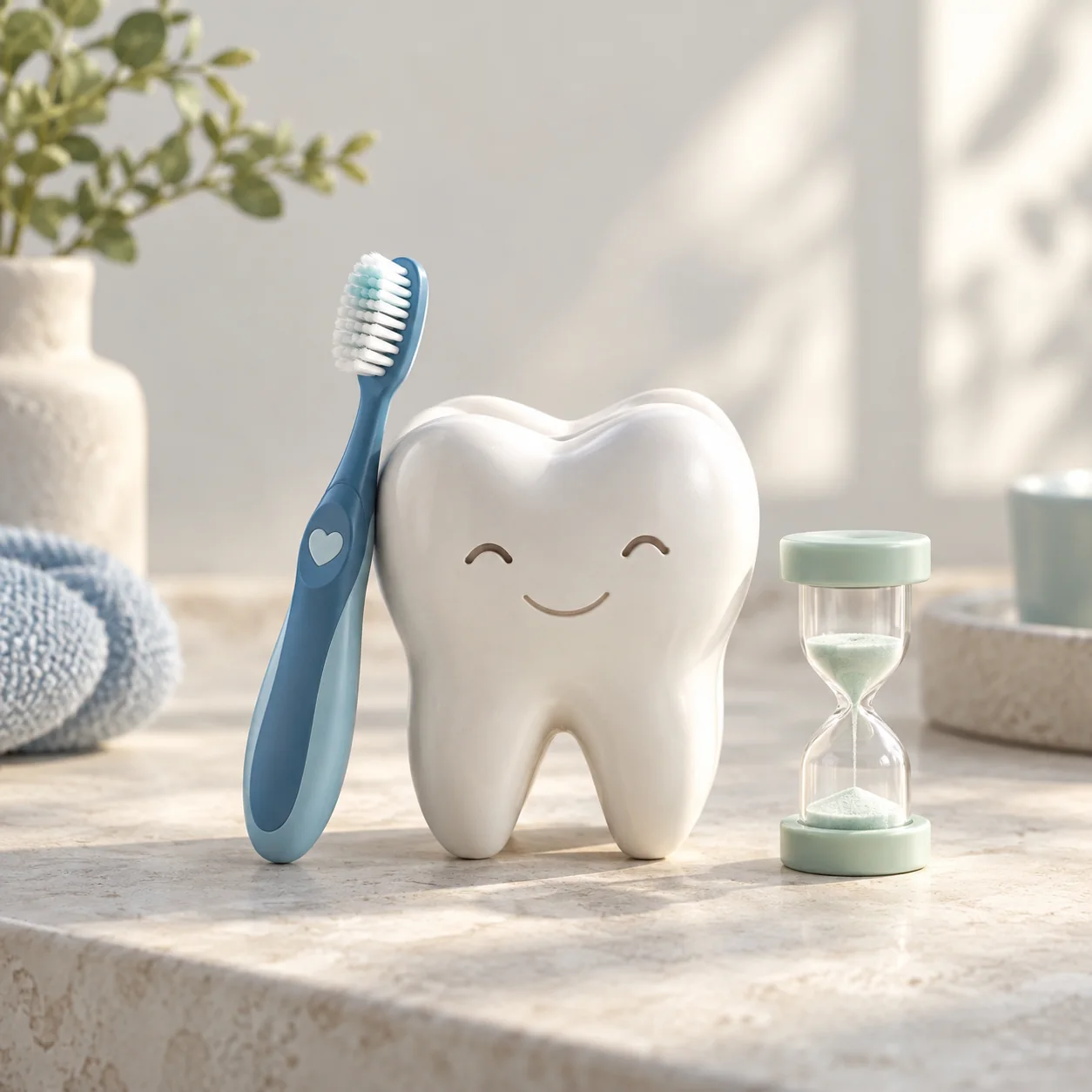 Illustration: Child-sized toothbrush, baby-tooth model and brushing timer