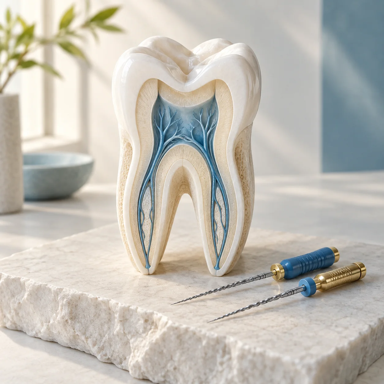 Illustration: Cutaway tooth teaching model and fine endodontic instruments