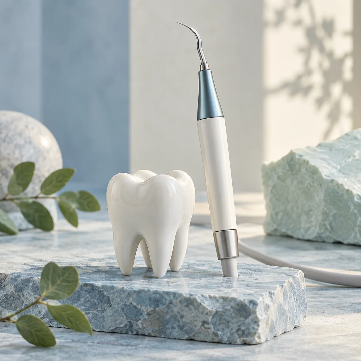 Illustration: Ultrasonic scaler beside a ceramic tooth model