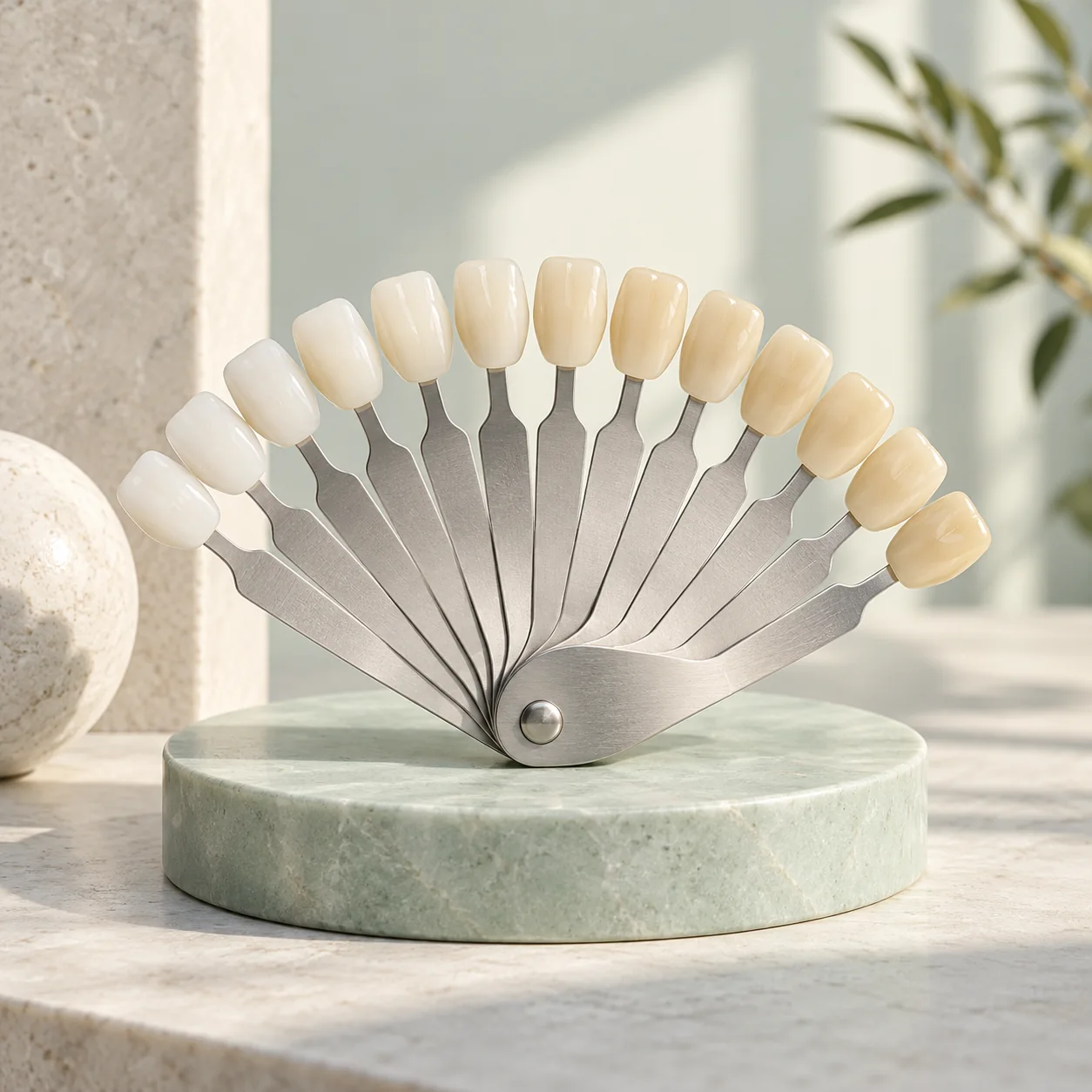 Illustration: A fan of natural tooth-shade tabs for smile planning