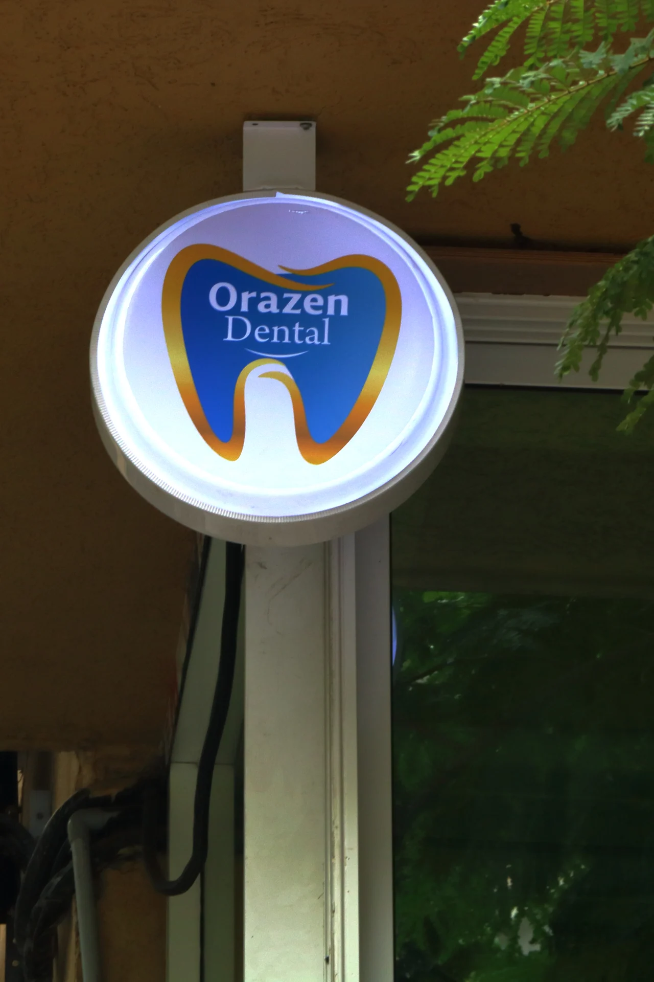 The illuminated Orazen Dental sign beside green foliage