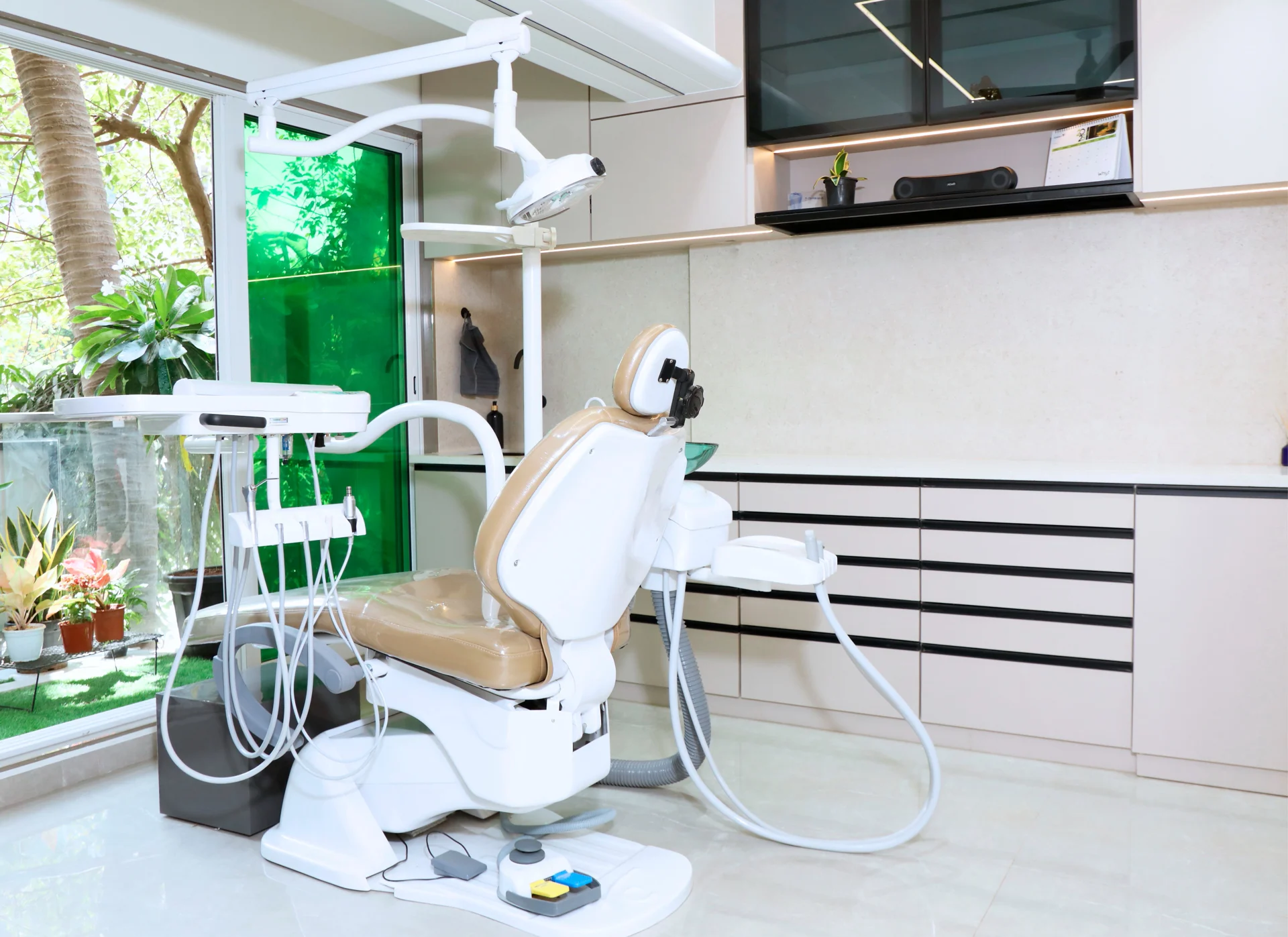 A sunlit treatment room at Orazen Dental, framed by serene views of lush greenery.