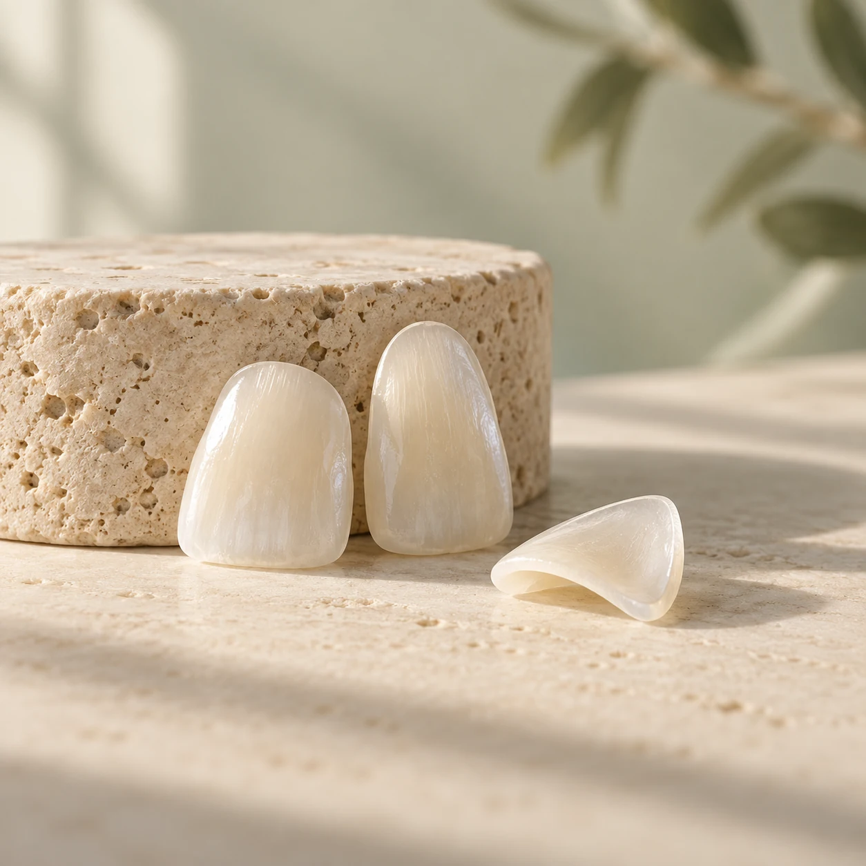 Conceptual porcelain veneer shells on a pale stone surface